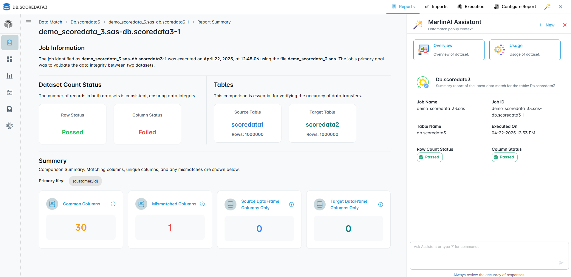 Data matching validation reports